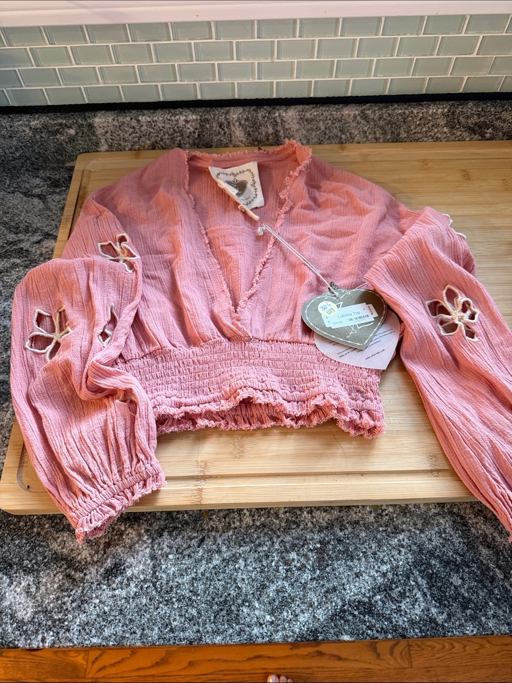 Women's Pink Cropped Peasant Top with Cutout Sleeves